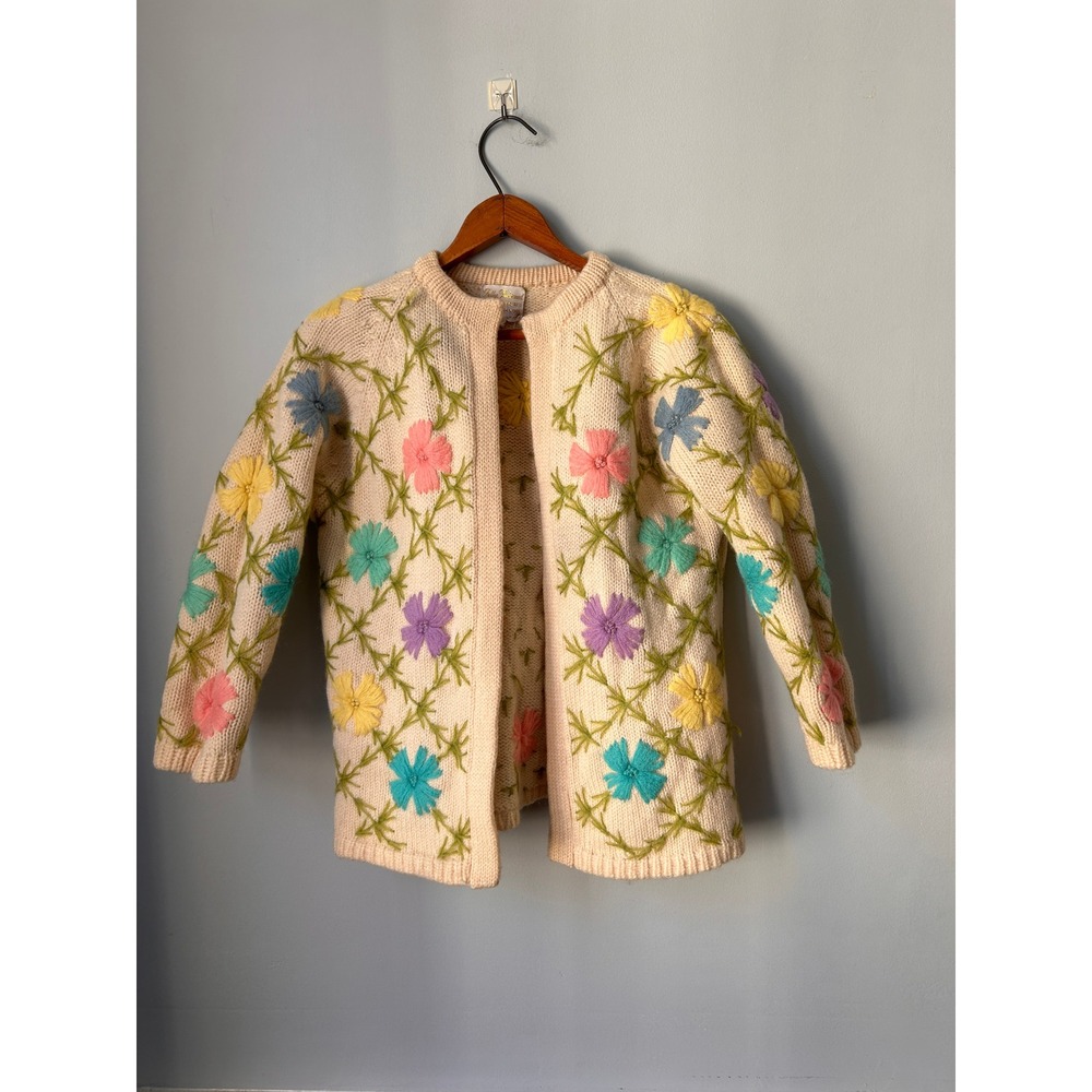 Vintage Fully Fashioned Hand Embroidered Virgin Wool Floral Cardigan Sweater S